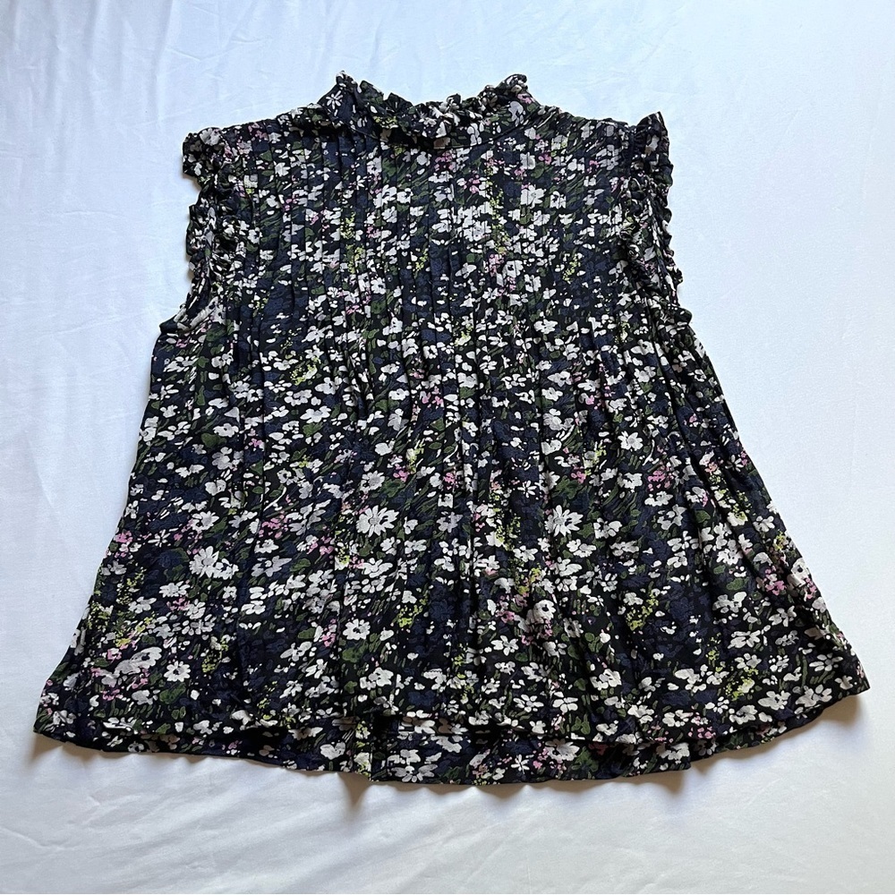 GANNI navy blue semi sheer floral ruffle sleeveless pleated tank top